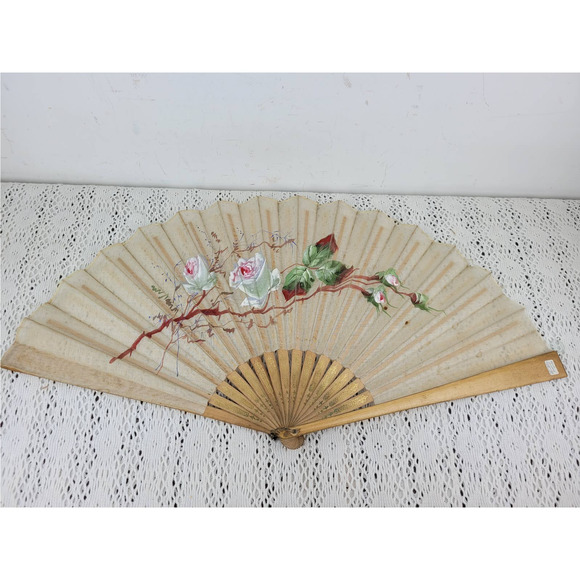 Antique French Victorian Hand Painted Roses Flowers Organza & Wood Hand Fan